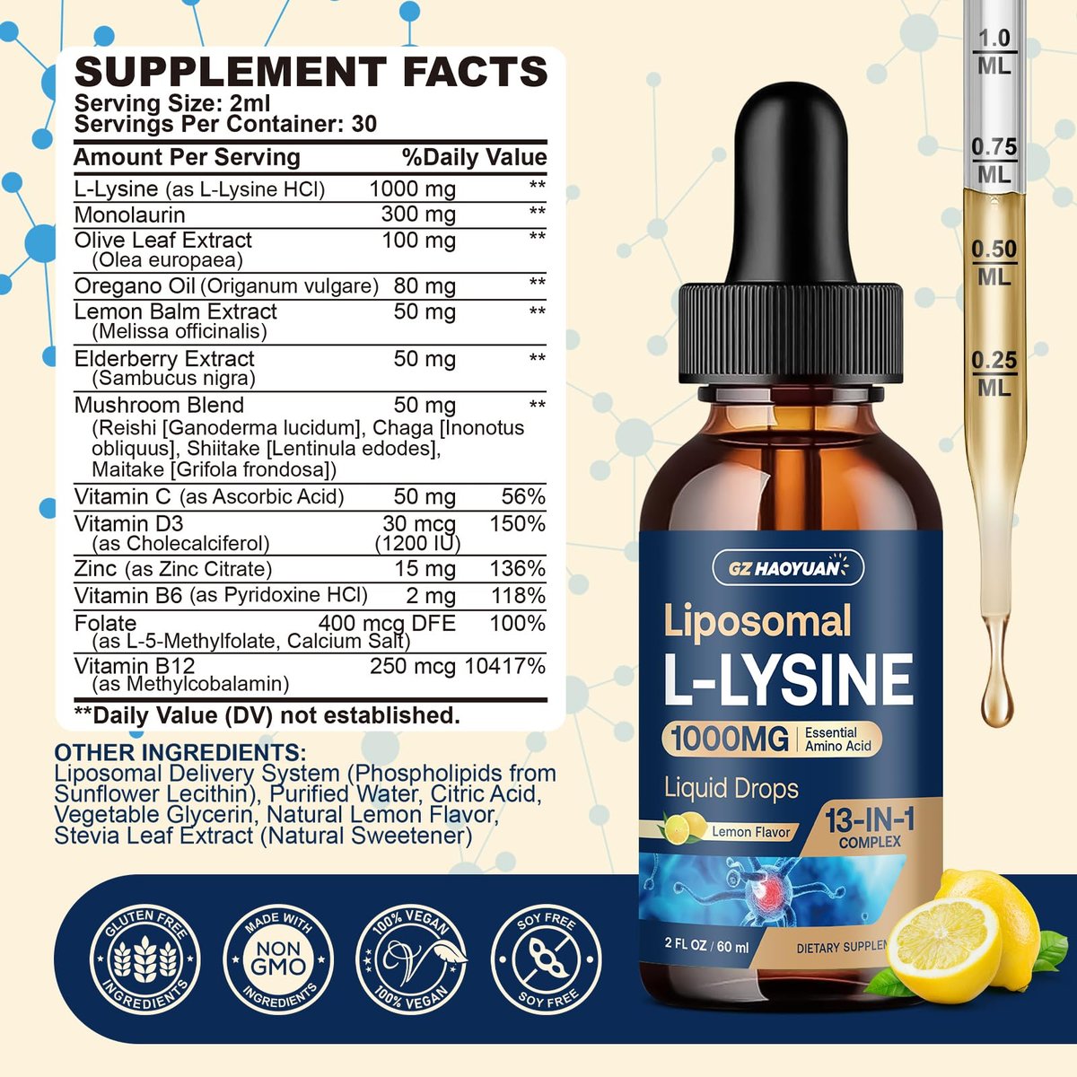Liposomales L-Lysin 1000 mg flüssige Tropfen, 13-in-1 Lysin Monolaurin Komplex – Olivenblattextrakt mit Vitamin C, B6, D3, B12 & Zink für Kollagen, Lippen-, Haut- und Immununterstützung für Kinder & Erwachsene, 59 ml