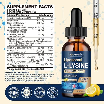 Liposomales L-Lysin 1000 mg flüssige Tropfen, 13-in-1 Lysin Monolaurin Komplex – Olivenblattextrakt mit Vitamin C, B6, D3, B12 & Zink für Kollagen, Lippen-, Haut- und Immununterstützung für Kinder & Erwachsene, 59 ml