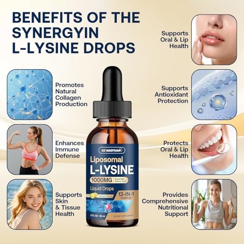 Liposomales L-Lysin 1000 mg flüssige Tropfen, 13-in-1 Lysin Monolaurin Komplex – Olivenblattextrakt mit Vitamin C, B6, D3, B12 & Zink für Kollagen, Lippen-, Haut- und Immununterstützung für Kinder & Erwachsene, 59 ml