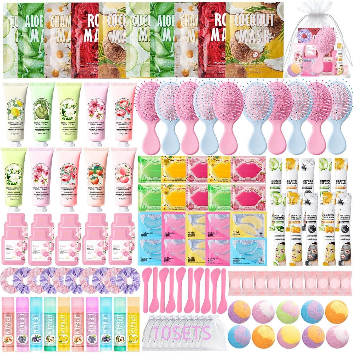 130-teiliges Spa-Party-Set für Frauen: Gesichtsmasken, Handcreme, Lippenbalsam, Lip Mask, Augenpads, Haarbürste, Fußbomben – Perfekt für Geburtstage und Übernachtungspartys