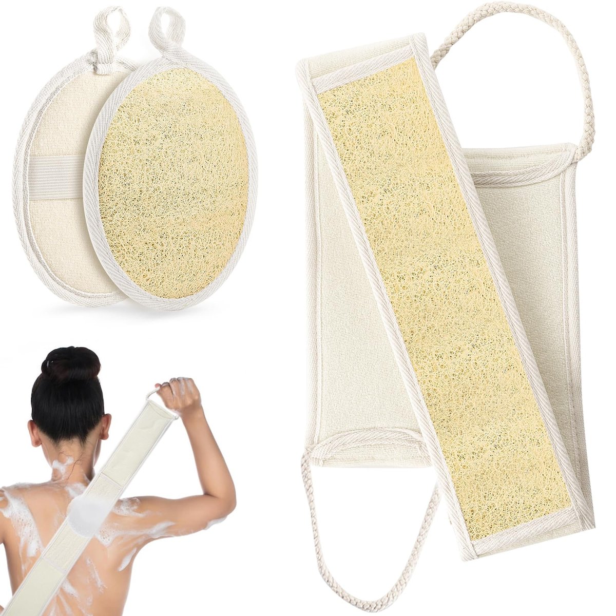 Natürlicher Loofah-Rückenreiniger für die Dusche, Peeling-Körperschrubber Loofah-Set für Frauen und Männer, Loofah-Schwamm zur Tiefenreinigung von Körper und Rücken - 1 Packung (2 Stück)