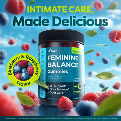 MONSET Feminine Balance Gummies für Frauen – Vaginale Probiotika für pH-Gleichgewicht & Geruchskontrolle – 60 Stück Präbiotika und Probiotika für Frauen – Beerengeschmack