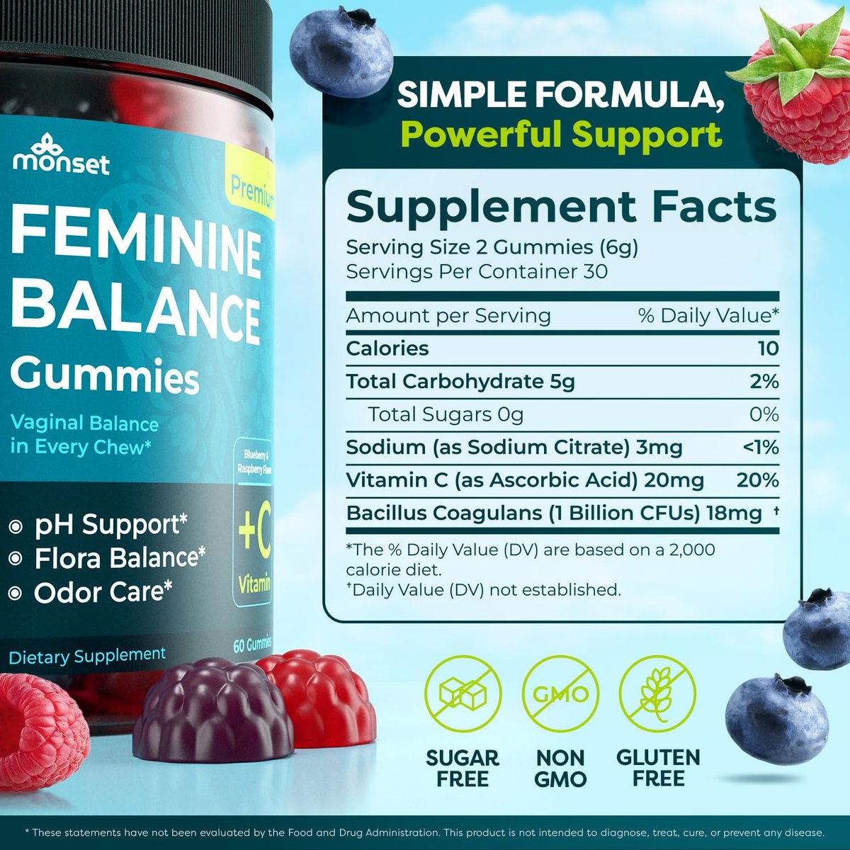 MONSET Feminine Balance Gummies für Frauen – Vaginale Probiotika für pH-Gleichgewicht & Geruchskontrolle – 60 Stück Präbiotika und Probiotika für Frauen – Beerengeschmack