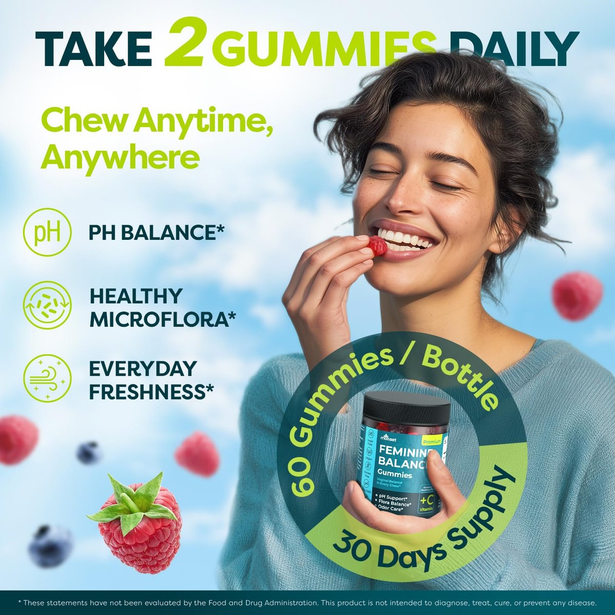 MONSET Feminine Balance Gummies für Frauen – Vaginale Probiotika für pH-Gleichgewicht & Geruchskontrolle – 60 Stück Präbiotika und Probiotika für Frauen – Beerengeschmack