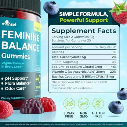 MONSET Feminine Balance Gummies für Frauen – Vaginale Probiotika für pH-Gleichgewicht & Geruchskontrolle – 60 Stück Präbiotika und Probiotika für Frauen – Beerengeschmack