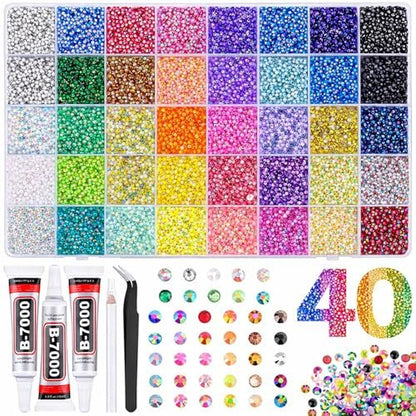 40 Farben Resin Jelly Strasssteine, 3mm 32000 Stück mit B7000 Kleber für Verzierung, Basteln, Kleidung, Schuhe, Nagelkunst, Diamantmalerei
