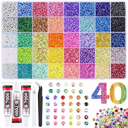 40 Farben Resin Jelly Strasssteine, 3mm 32000 Stück mit B7000 Kleber für Verzierung, Basteln, Kleidung, Schuhe, Nagelkunst, Diamantmalerei