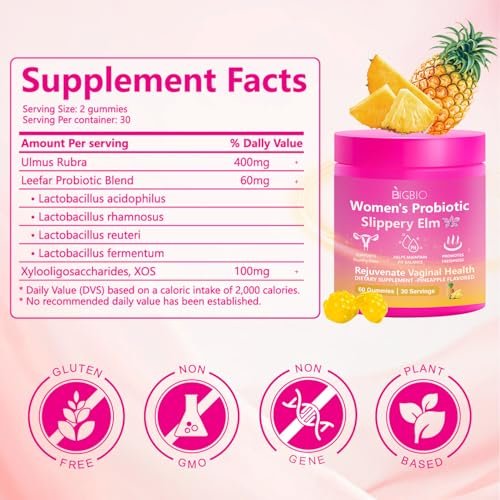 BIGBIO Feminin Probiotikum Gummis, Ulme für Frauen, Vaginalgesundheit, pH-Balance, Geruchskontrolle, Hefegleichgewicht, Flora-Immununterstützung, Zuckerfrei, Vegan, Ananasgeschmack, 60 Stück