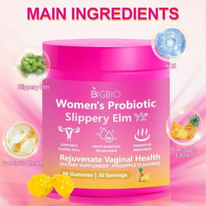 BIGBIO Feminin Probiotikum Gummis, Ulme für Frauen, Vaginalgesundheit, pH-Balance, Geruchskontrolle, Hefegleichgewicht, Flora-Immununterstützung, Zuckerfrei, Vegan, Ananasgeschmack, 60 Stück