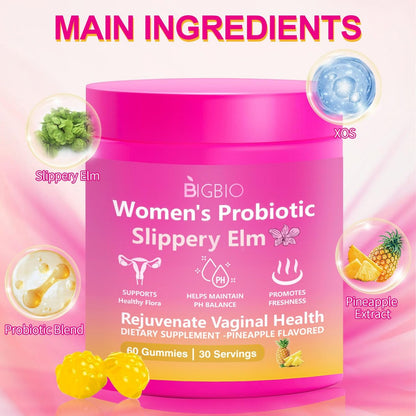 BIGBIO Feminin Probiotikum Gummis, Ulme für Frauen, Vaginalgesundheit, pH-Balance, Geruchskontrolle, Hefegleichgewicht, Flora-Immununterstützung, Zuckerfrei, Vegan, Ananasgeschmack, 60 Stück