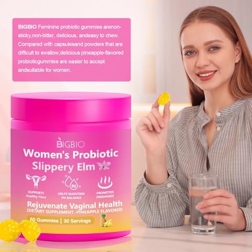 BIGBIO Feminin Probiotikum Gummis, Ulme für Frauen, Vaginalgesundheit, pH-Balance, Geruchskontrolle, Hefegleichgewicht, Flora-Immununterstützung, Zuckerfrei, Vegan, Ananasgeschmack, 60 Stück