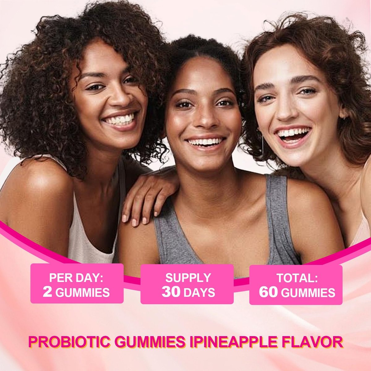 BIGBIO Feminin Probiotikum Gummis, Ulme für Frauen, Vaginalgesundheit, pH-Balance, Geruchskontrolle, Hefegleichgewicht, Flora-Immununterstützung, Zuckerfrei, Vegan, Ananasgeschmack, 60 Stück
