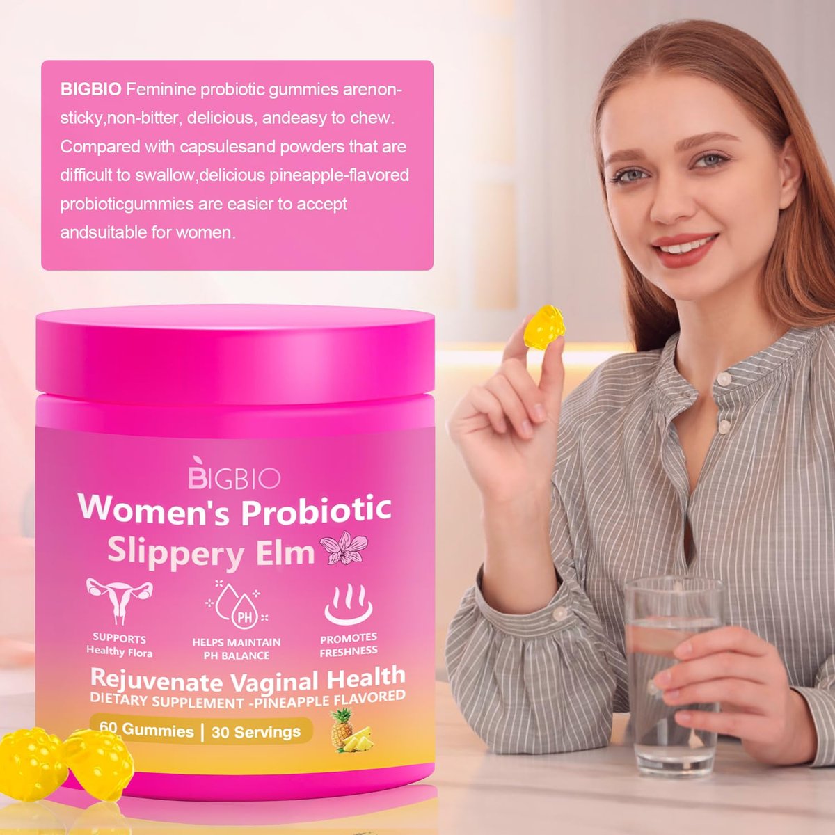 BIGBIO Feminin Probiotikum Gummis, Ulme für Frauen, Vaginalgesundheit, pH-Balance, Geruchskontrolle, Hefegleichgewicht, Flora-Immununterstützung, Zuckerfrei, Vegan, Ananasgeschmack, 60 Stück