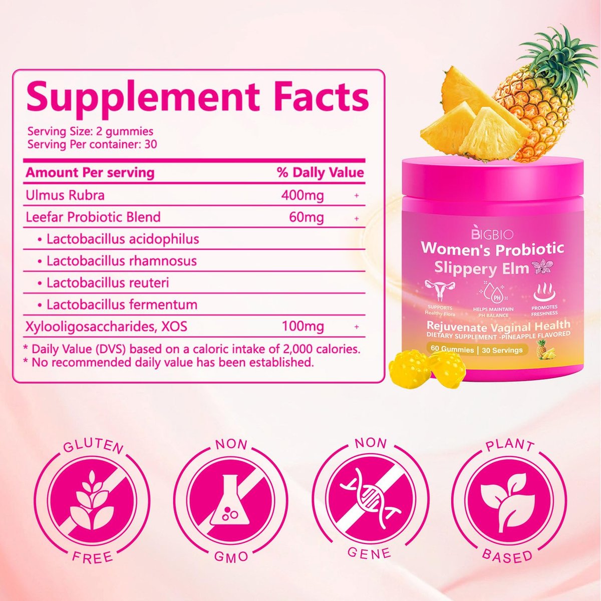 BIGBIO Feminin Probiotikum Gummis, Ulme für Frauen, Vaginalgesundheit, pH-Balance, Geruchskontrolle, Hefegleichgewicht, Flora-Immununterstützung, Zuckerfrei, Vegan, Ananasgeschmack, 60 Stück