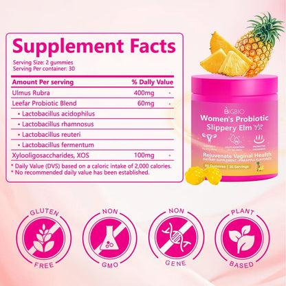 BIGBIO Feminin Probiotikum Gummis, Ulme für Frauen, Vaginalgesundheit, pH-Balance, Geruchskontrolle, Hefegleichgewicht, Flora-Immununterstützung, Zuckerfrei, Vegan, Ananasgeschmack, 60 Stück