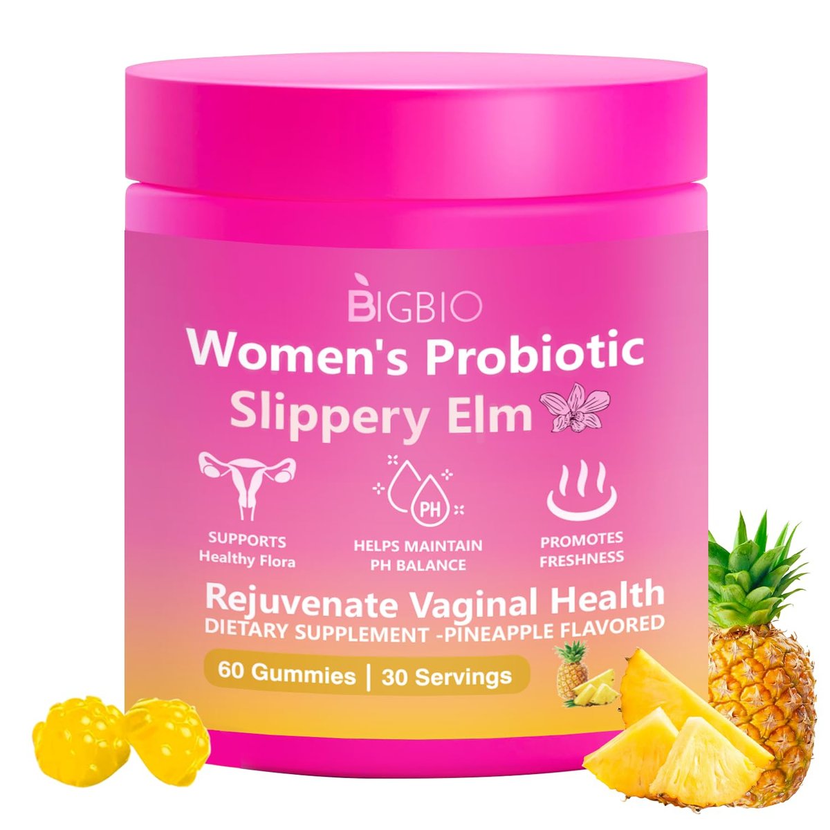 BIGBIO Feminin Probiotikum Gummis, Ulme für Frauen, Vaginalgesundheit, pH-Balance, Geruchskontrolle, Hefegleichgewicht, Flora-Immununterstützung, Zuckerfrei, Vegan, Ananasgeschmack, 60 Stück
