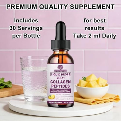 Multi-Kollagen-Peptide Flüssigtropfen, 60 ml – Typen I, II, III, V, X, Hydrolysierter Kollagenkomplex für Haare, Haut, Nägel, Knochen & Gelenke | Kollagenpräparat mit Hyaluronsäure, Biotin, Vitamin C