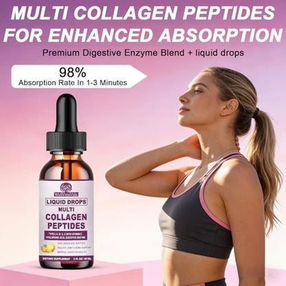 Multi-Kollagen-Peptide Flüssigtropfen, 60 ml – Typen I, II, III, V, X, Hydrolysierter Kollagenkomplex für Haare, Haut, Nägel, Knochen & Gelenke | Kollagenpräparat mit Hyaluronsäure, Biotin, Vitamin C