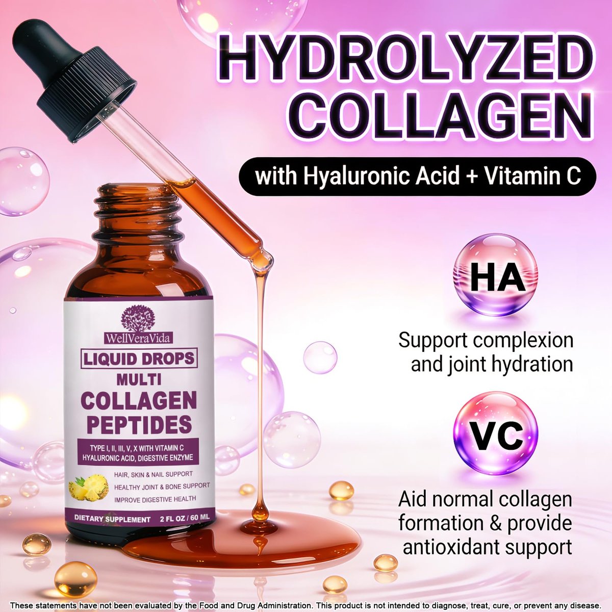 Multi-Kollagen-Peptide Flüssigtropfen, 60 ml – Typen I, II, III, V, X, Hydrolysierter Kollagenkomplex für Haare, Haut, Nägel, Knochen & Gelenke | Kollagenpräparat mit Hyaluronsäure, Biotin, Vitamin C