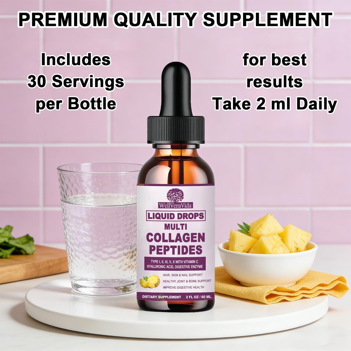 Multi-Kollagen-Peptide Flüssigtropfen, 60 ml – Typen I, II, III, V, X, Hydrolysierter Kollagenkomplex für Haare, Haut, Nägel, Knochen & Gelenke | Kollagenpräparat mit Hyaluronsäure, Biotin, Vitamin C