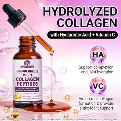 Multi-Kollagen-Peptide Flüssigtropfen, 60 ml – Typen I, II, III, V, X, Hydrolysierter Kollagenkomplex für Haare, Haut, Nägel, Knochen & Gelenke | Kollagenpräparat mit Hyaluronsäure, Biotin, Vitamin C