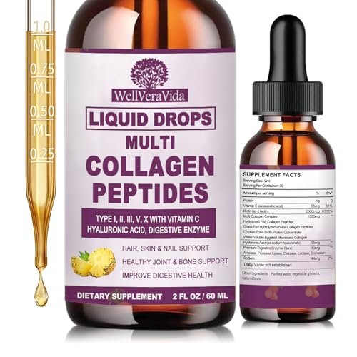Multi-Kollagen-Peptide Flüssigtropfen, 60 ml – Typen I, II, III, V, X, Hydrolysierter Kollagenkomplex für Haare, Haut, Nägel, Knochen & Gelenke | Kollagenpräparat mit Hyaluronsäure, Biotin, Vitamin C