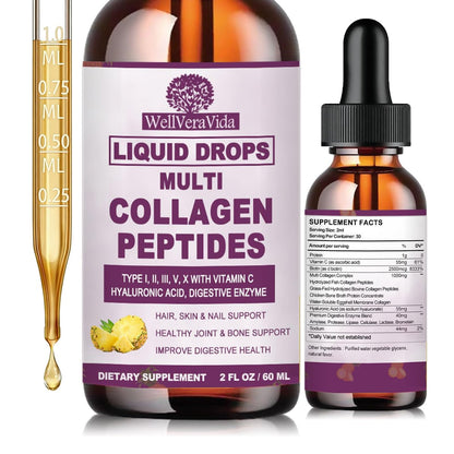 Multi-Kollagen-Peptide Flüssigtropfen, 60 ml – Typen I, II, III, V, X, Hydrolysierter Kollagenkomplex für Haare, Haut, Nägel, Knochen & Gelenke | Kollagenpräparat mit Hyaluronsäure, Biotin, Vitamin C