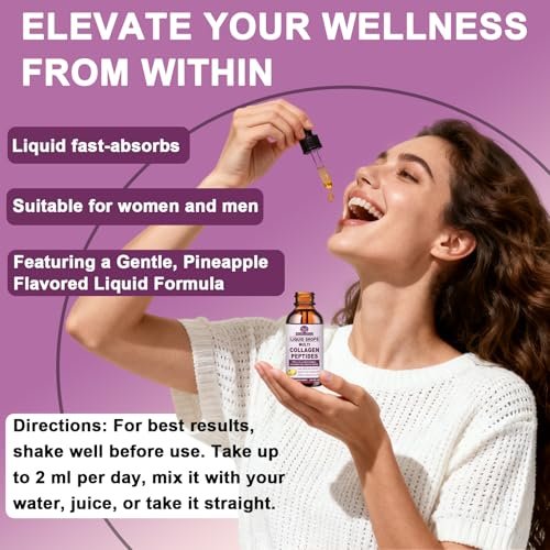 Multi-Kollagen-Peptide Flüssigtropfen, 60 ml – Typen I, II, III, V, X, Hydrolysierter Kollagenkomplex für Haare, Haut, Nägel, Knochen & Gelenke | Kollagenpräparat mit Hyaluronsäure, Biotin, Vitamin C