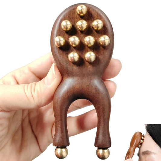 KINTEGOOD Sandelholz-Gesichtsmassageroller mit 12 Messingperlen, hölzernes Y-förmiges Guasha-Tool für Gesichts-, Augen-, Nasen-, Ohren-Meridian-Akupressurmassage
