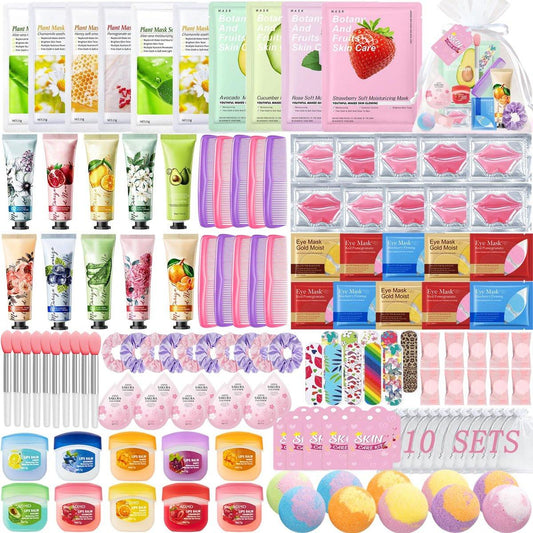 140-teiliges Spa-Party-Set für Frauen – Schlafparty-Geschenke mit Gesichtsmasken, Reiniger, Handcreme, Lippenbalsam, Augenpflastern, Lippenmasken, Fußbadebomben – Geburtstagsbedarf