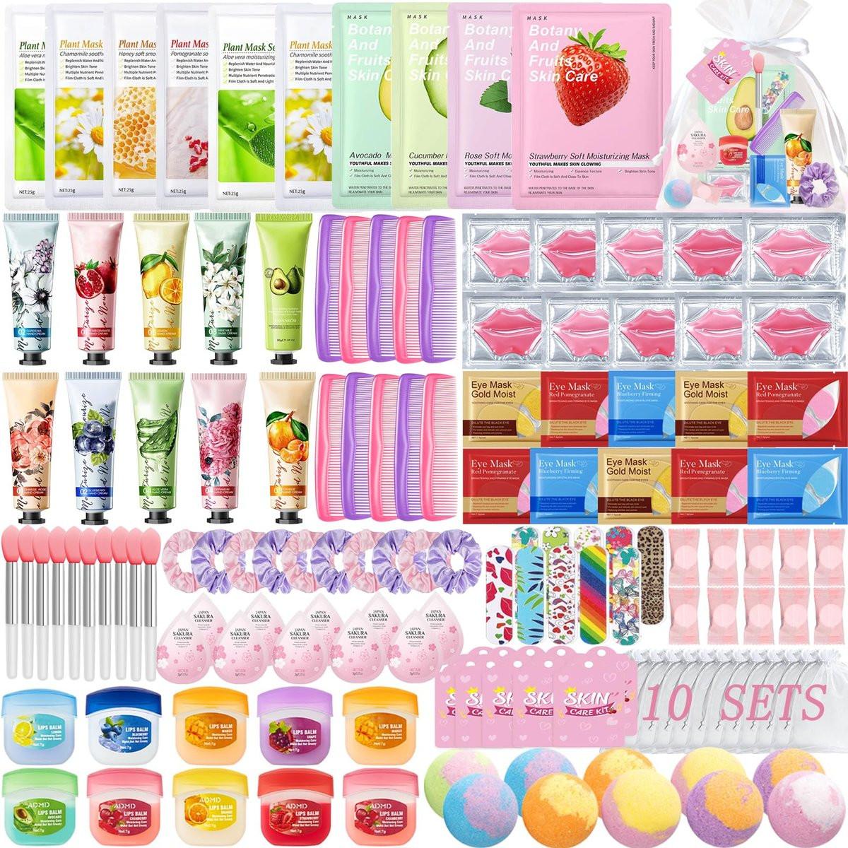 140-teiliges Spa-Party-Set für Frauen – Schlafparty-Geschenke mit Gesichtsmasken, Reiniger, Handcreme, Lippenbalsam, Augenpflastern, Lippenmasken, Fußbadebomben – Geburtstagsbedarf