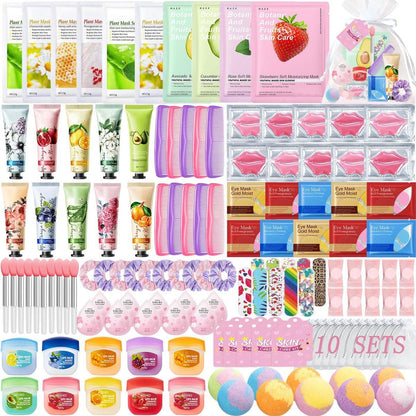 140-teiliges Spa-Party-Set für Frauen – Schlafparty-Geschenke mit Gesichtsmasken, Reiniger, Handcreme, Lippenbalsam, Augenpflastern, Lippenmasken, Fußbadebomben – Geburtstagsbedarf