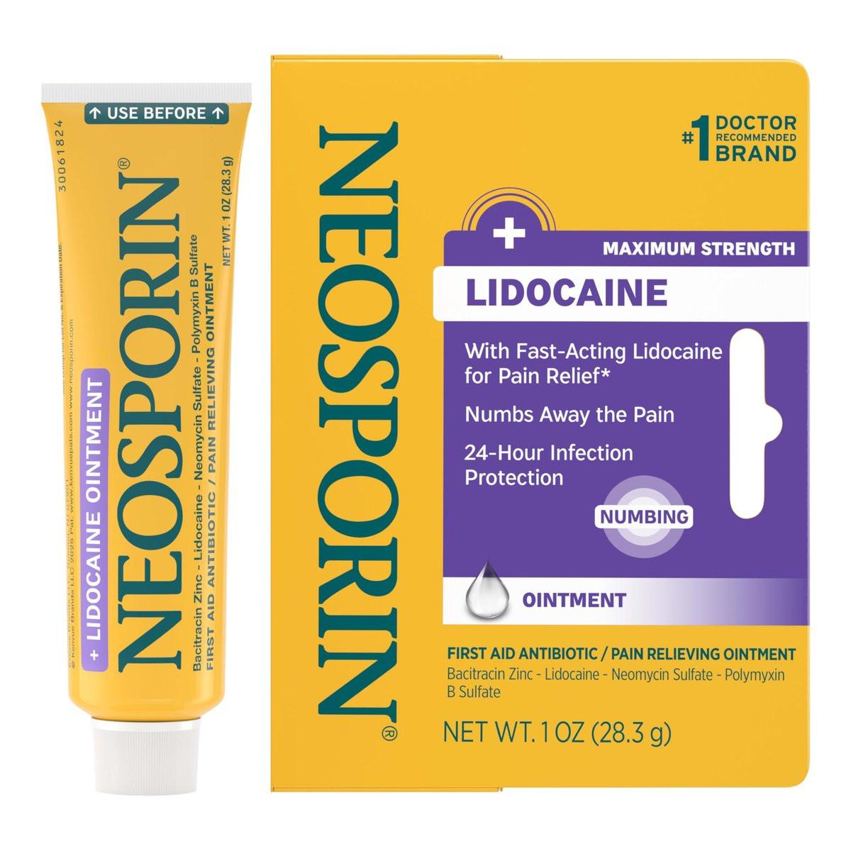 Neosporin + Lidocaine Erste Hilfe Triple Antibiotika Salbe, Schnell wirkend, Maximale Stärke Topische Schmerzlinderung, 24-Stunden-Infektionsschutz mit Betäubungswirkung für die Wundversorgung kleiner Verletzungen, 28 g