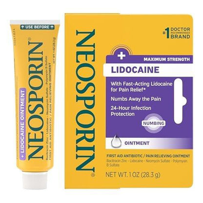Neosporin + Lidocaine Erste Hilfe Triple Antibiotika Salbe, Schnell wirkend, Maximale Stärke Topische Schmerzlinderung, 24-Stunden-Infektionsschutz mit Betäubungswirkung für die Wundversorgung kleiner Verletzungen, 28 g