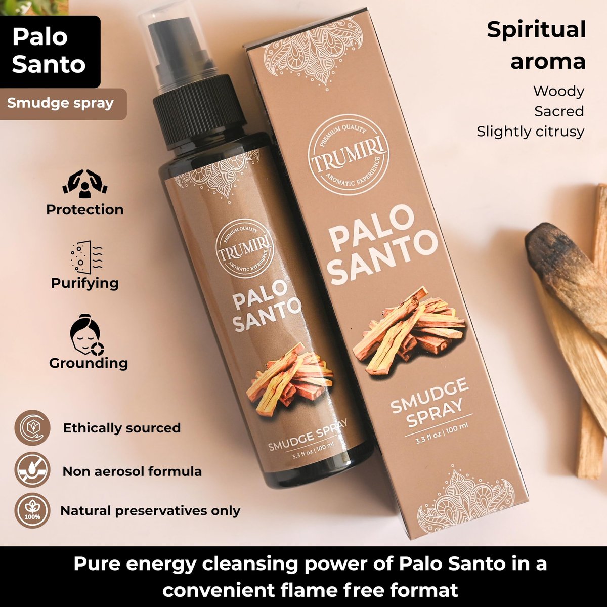 Palo Santo Raumspray für negative Energie Reinigung – Ungiftiger natürlicher Raumspray mit Palo Santo ätherischem Öl – Sicheres Körperspray für Smudge Kit