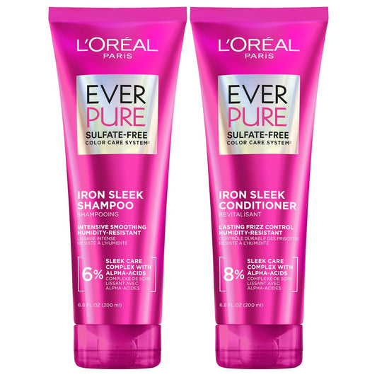 L'Oréal Paris EverPure Iron Sleek Glättendes Shampoo und Spülung – Sulfatfreie Formel mit Alpha-Säuren für Frizz-Kontrolle und Feuchtigkeitsschutz, 1 Kit (2 x 200 ml)