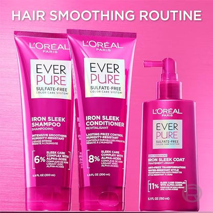 L'Oréal Paris EverPure Iron Sleek Glättendes Shampoo und Spülung – Sulfatfreie Formel mit Alpha-Säuren für Frizz-Kontrolle und Feuchtigkeitsschutz, 1 Kit (2 x 200 ml)