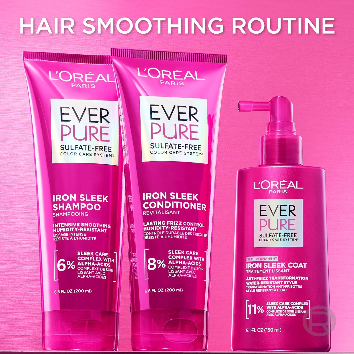 L'Oréal Paris EverPure Iron Sleek Glättendes Shampoo und Spülung – Sulfatfreie Formel mit Alpha-Säuren für Frizz-Kontrolle und Feuchtigkeitsschutz, 1 Kit (2 x 200 ml)