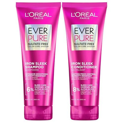 L'Oréal Paris EverPure Iron Sleek Glättendes Shampoo und Spülung – Sulfatfreie Formel mit Alpha-Säuren für Frizz-Kontrolle und Feuchtigkeitsschutz, 1 Kit (2 x 200 ml)