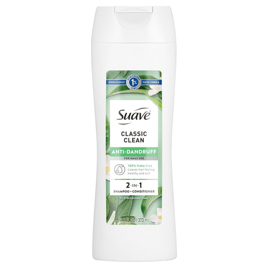 Suave Anti-Schuppen 2-in-1 Shampoo & Conditioner für Frauen, Classic Clean, 1% Pyrithion-Zink Anti-Schuppen-Behandlung, kontrolliert Schuppen, Juckreiz & trockene Kopfhaut, 12,6 FL OZ