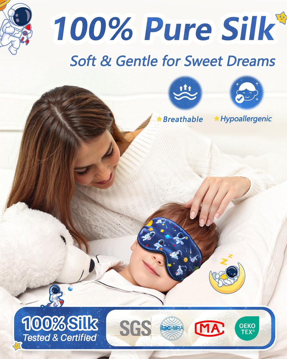 BeeVines Kinder 100% echte Maulbeerseide Schlafmaske 2er-Pack, Original Design reine Seide Schlafaugenmaske für Jungen, hautfreundliche Blackout-Augenabdeckung, verstellbares Band, reduziert Schwellungen unter den Augen, für Reisen Geschenke