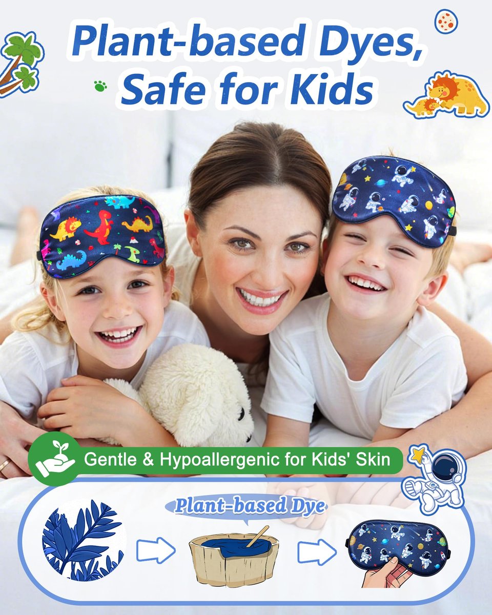 BeeVines Kinder 100% echte Maulbeerseide Schlafmaske 2er-Pack, Original Design reine Seide Schlafaugenmaske für Jungen, hautfreundliche Blackout-Augenabdeckung, verstellbares Band, reduziert Schwellungen unter den Augen, für Reisen Geschenke