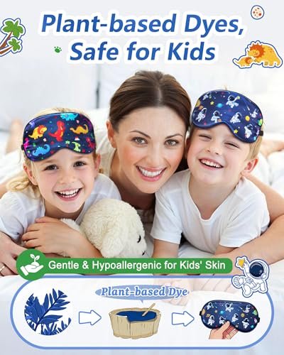 BeeVines Kinder 100% echte Maulbeerseide Schlafmaske 2er-Pack, Original Design reine Seide Schlafaugenmaske für Jungen, hautfreundliche Blackout-Augenabdeckung, verstellbares Band, reduziert Schwellungen unter den Augen, für Reisen Geschenke