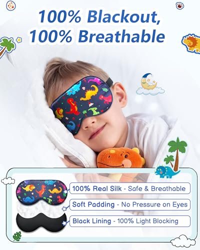 BeeVines Kinder 100% echte Maulbeerseide Schlafmaske 2er-Pack, Original Design reine Seide Schlafaugenmaske für Jungen, hautfreundliche Blackout-Augenabdeckung, verstellbares Band, reduziert Schwellungen unter den Augen, für Reisen Geschenke