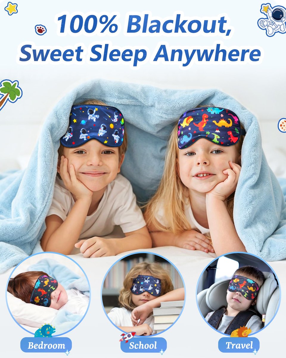 BeeVines Kinder 100% echte Maulbeerseide Schlafmaske 2er-Pack, Original Design reine Seide Schlafaugenmaske für Jungen, hautfreundliche Blackout-Augenabdeckung, verstellbares Band, reduziert Schwellungen unter den Augen, für Reisen Geschenke