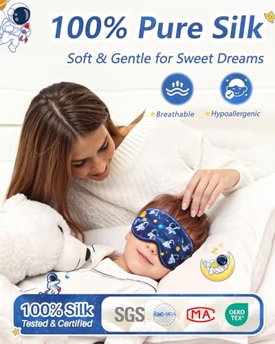 BeeVines Kinder 100% echte Maulbeerseide Schlafmaske 2er-Pack, Original Design reine Seide Schlafaugenmaske für Jungen, hautfreundliche Blackout-Augenabdeckung, verstellbares Band, reduziert Schwellungen unter den Augen, für Reisen Geschenke