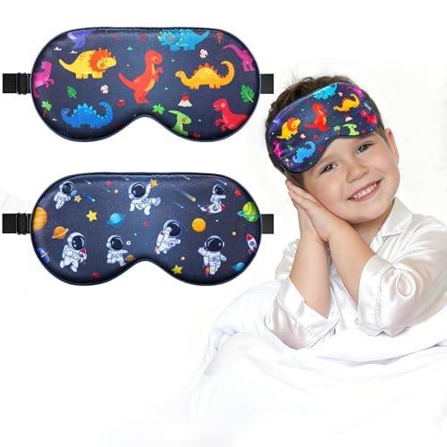 BeeVines Kinder 100% echte Maulbeerseide Schlafmaske 2er-Pack, Original Design reine Seide Schlafaugenmaske für Jungen, hautfreundliche Blackout-Augenabdeckung, verstellbares Band, reduziert Schwellungen unter den Augen, für Reisen Geschenke
