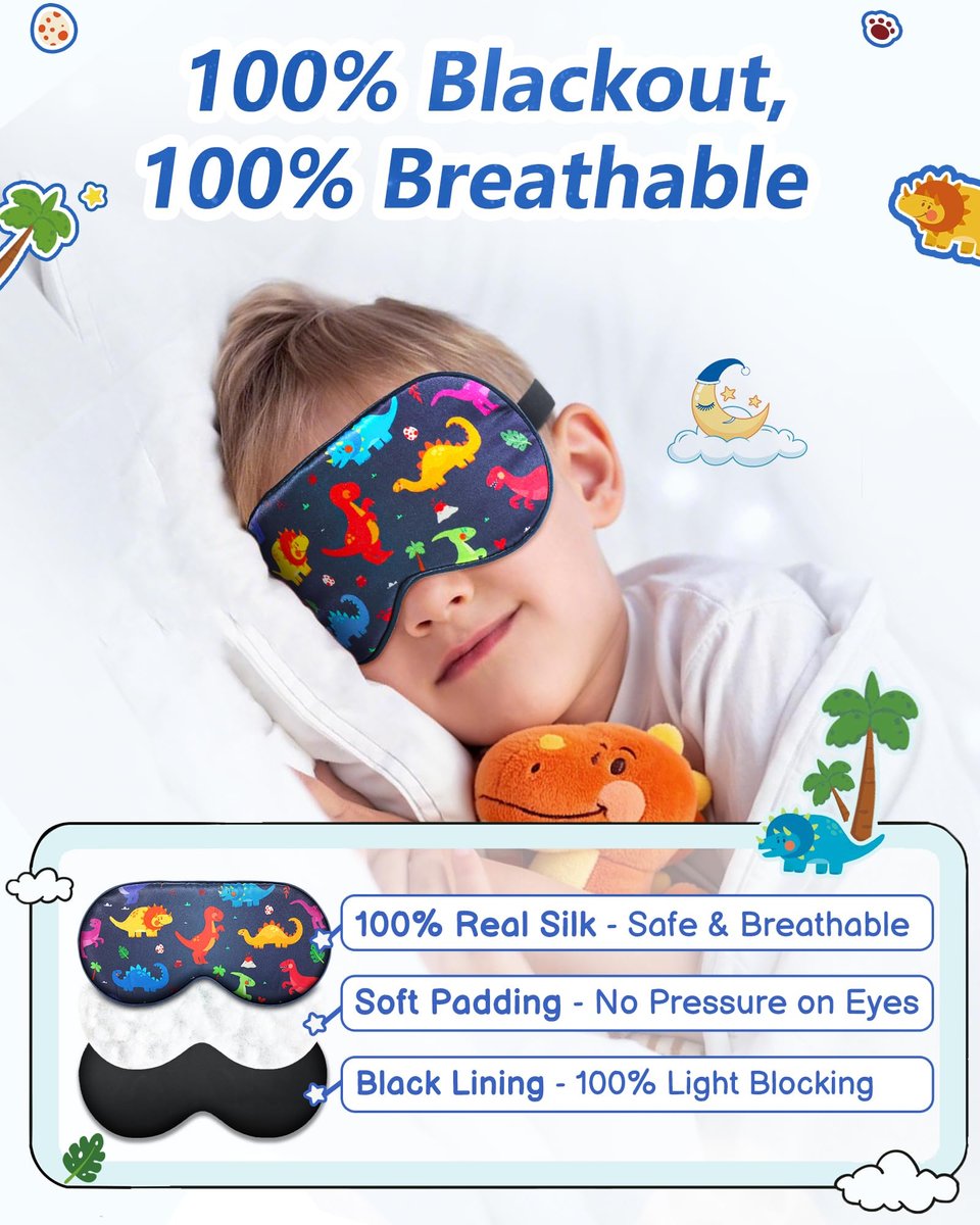 BeeVines Kinder 100% echte Maulbeerseide Schlafmaske 2er-Pack, Original Design reine Seide Schlafaugenmaske für Jungen, hautfreundliche Blackout-Augenabdeckung, verstellbares Band, reduziert Schwellungen unter den Augen, für Reisen Geschenke