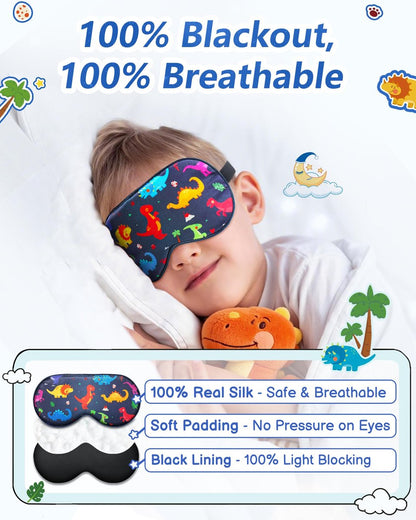 BeeVines Kinder 100% echte Maulbeerseide Schlafmaske 2er-Pack, Original Design reine Seide Schlafaugenmaske für Jungen, hautfreundliche Blackout-Augenabdeckung, verstellbares Band, reduziert Schwellungen unter den Augen, für Reisen Geschenke