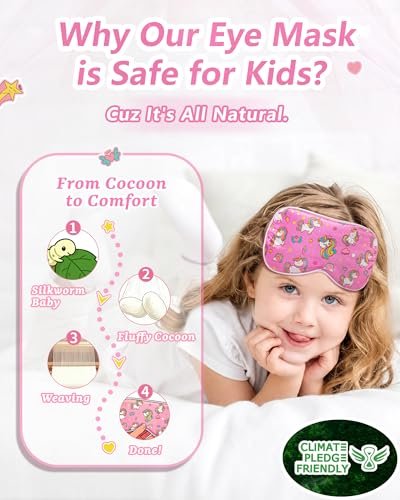 BeeVines Kinder 100% Echte Maulbeerseide Schlafmaske 2er-Pack, Original Design Reine Seide Schlafaugenmasken für Mädchen, Hautfreundliche Blackout Augenabdeckung, Verstellbares Band, Reduziert Schwellungen, Reisegeschenke